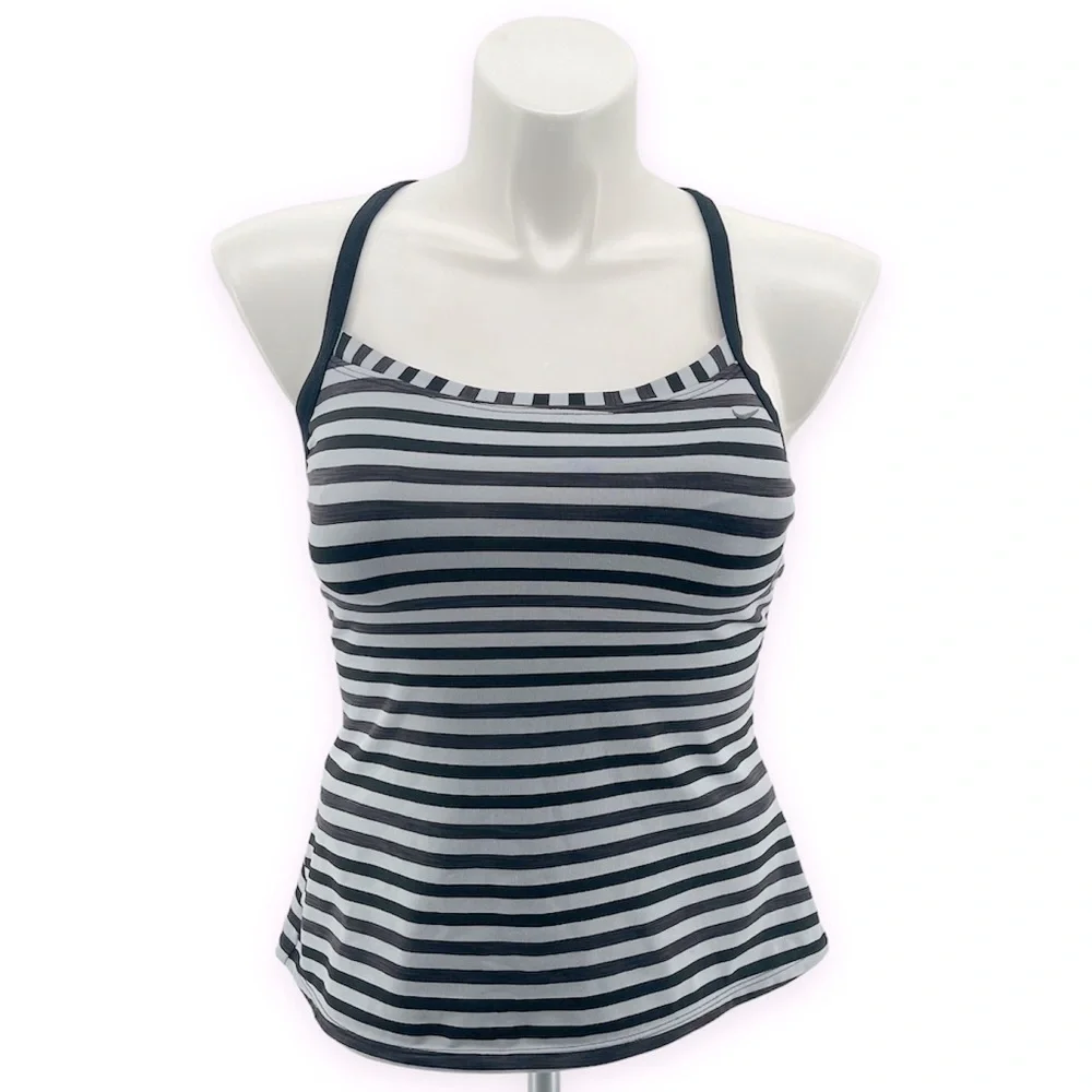 Nike Women’s Black Striped Strappy Racerback Tankini Active Swim Top Large